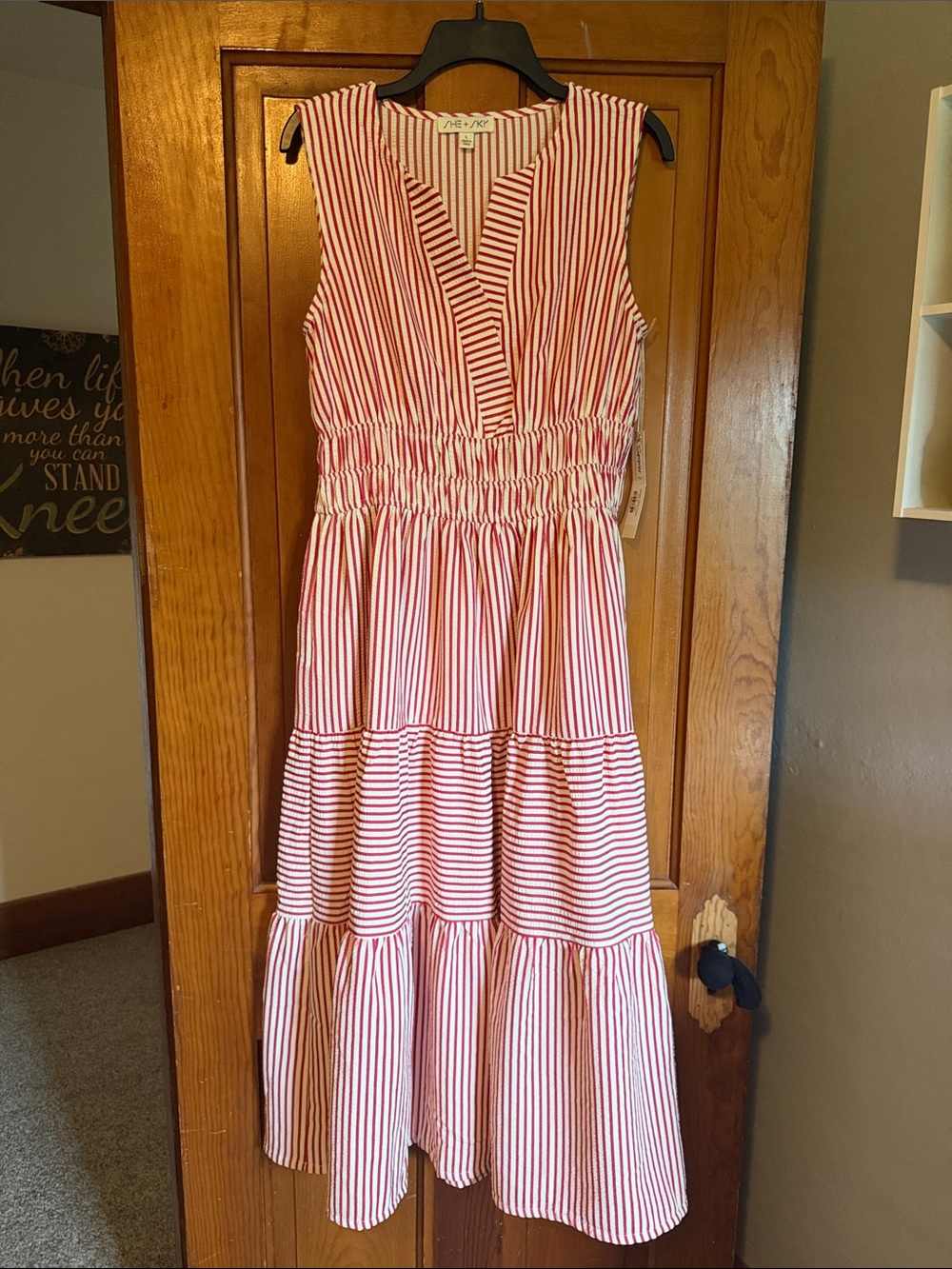 She + Sky Red and White Striped Tiered Maxi Dress
